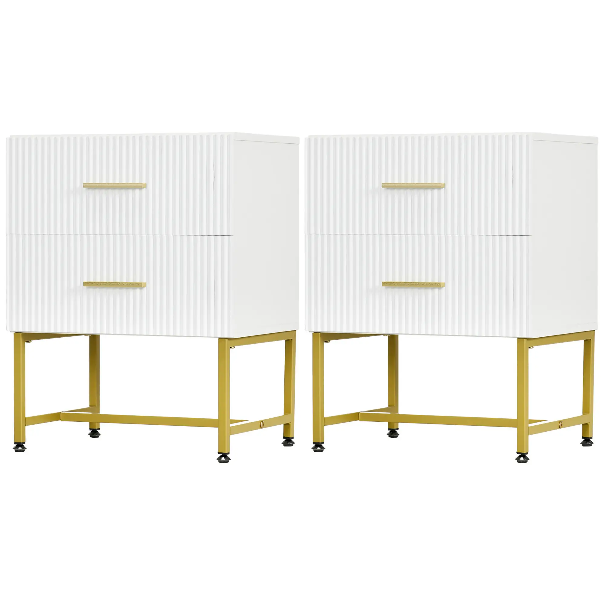 2 Nightstands with Storage, Modern Bedside Tables, 2 Fluted Drawers, Gold Legs, White Bedside Tables White at Gallery Canada