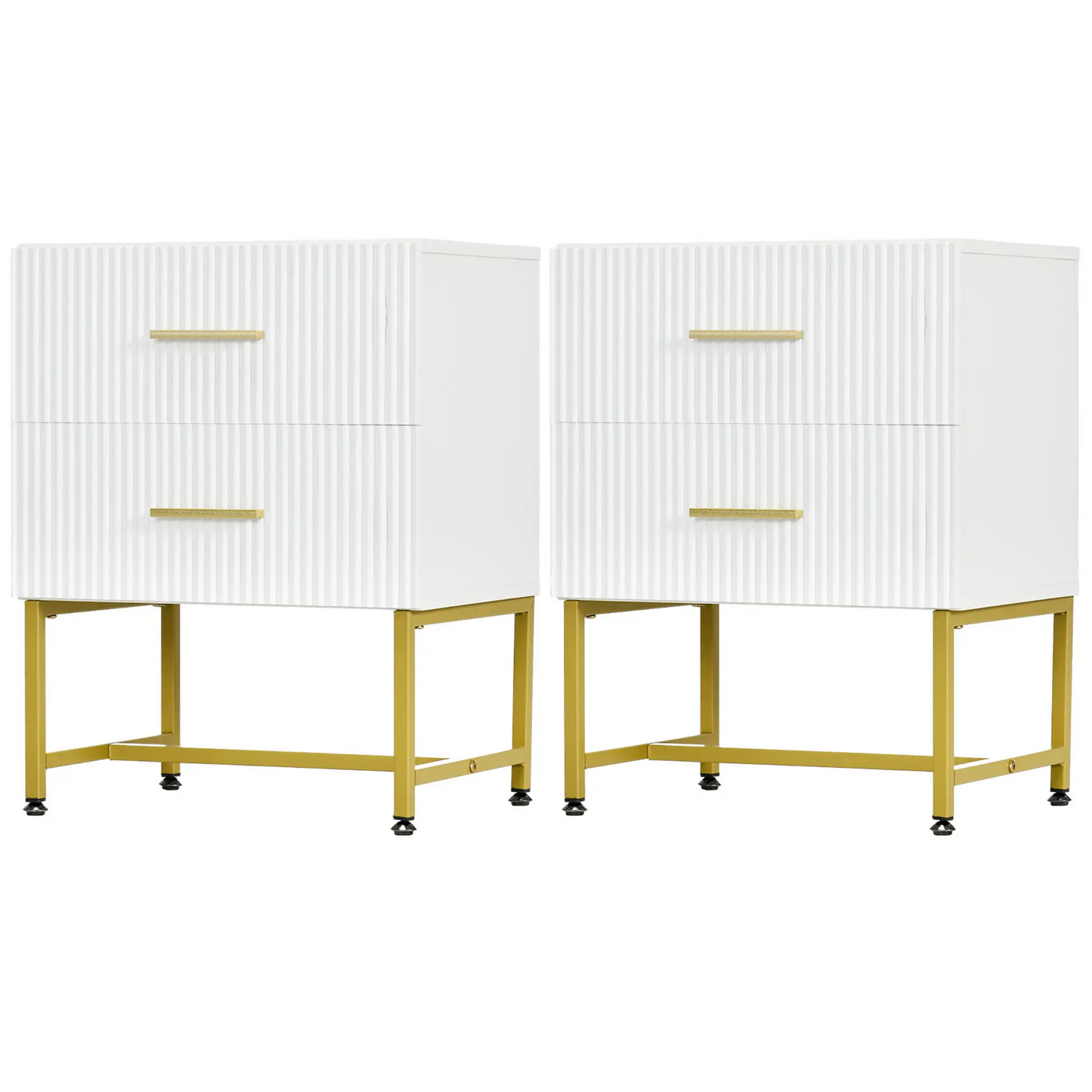 2 Nightstands with Storage, Modern Bedside Tables, 2 Fluted Drawers, Gold Legs, White Bedside Tables White at Gallery Canada