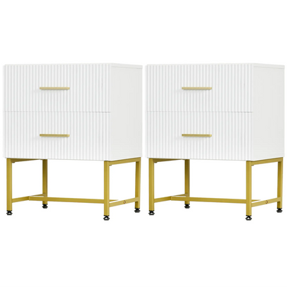 2 Nightstands with Storage, Modern Bedside Tables, 2 Fluted Drawers, Gold Legs, White Bedside Tables White at Gallery Canada