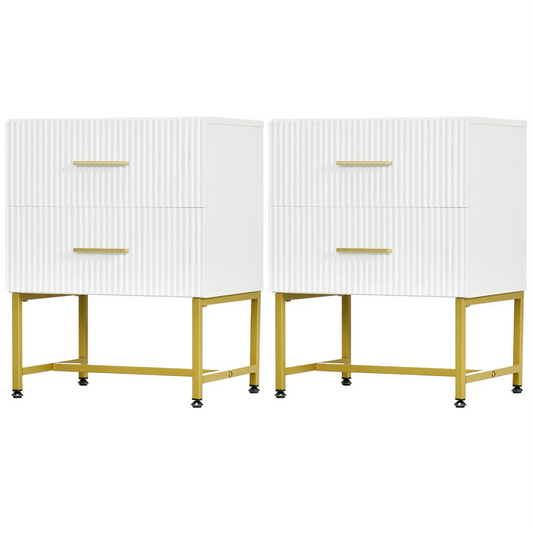 2 Nightstands with Storage, Modern Bedside Tables, 2 Fluted Drawers, Gold Legs, White Bedside Tables White at Gallery Canada