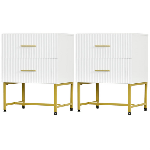 2 Nightstands with Storage, Modern Bedside Tables, 2 Fluted Drawers, Gold Legs, White