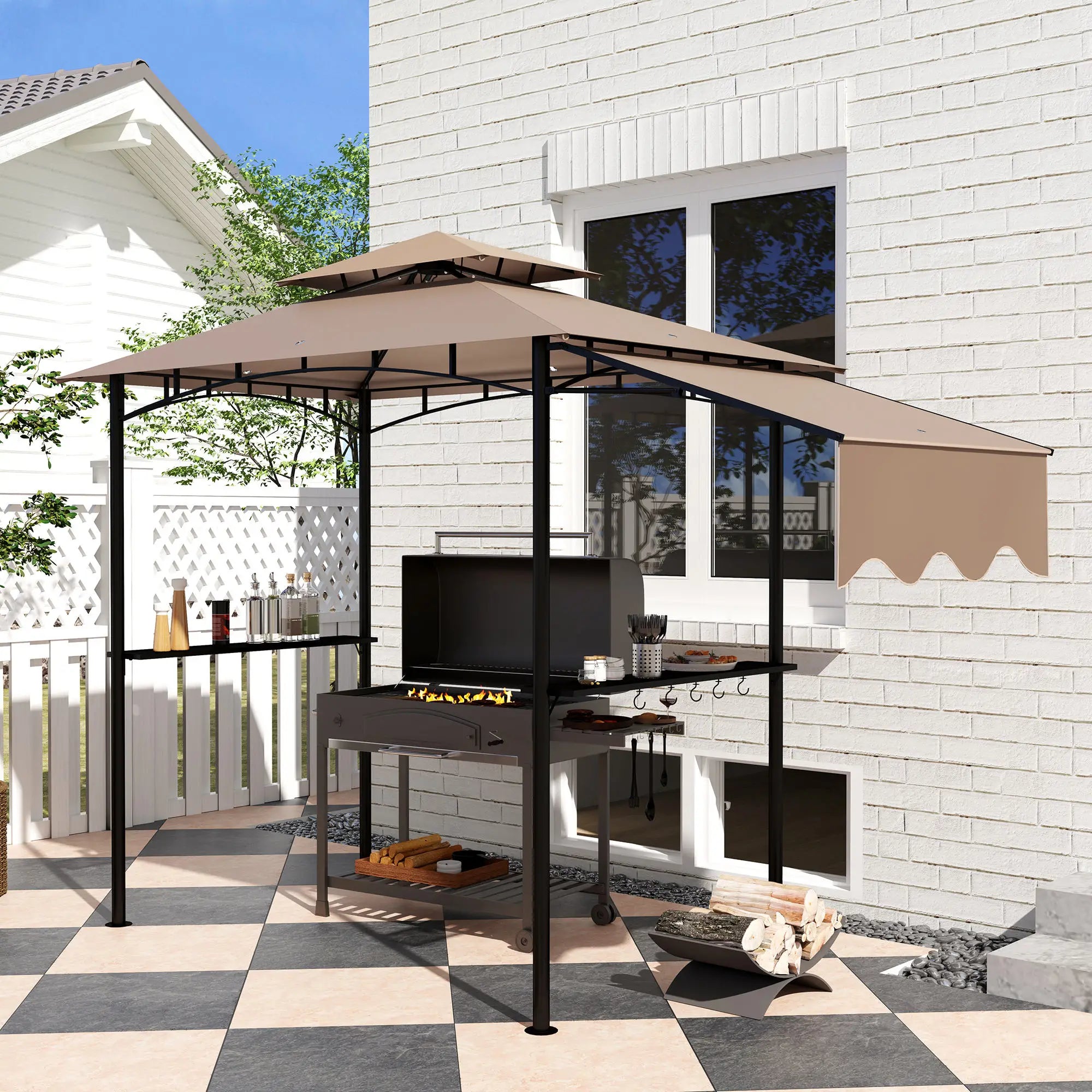8' x 5' Grill Gazebo, Double Tiered Barbecue Shelter, Khaki BBQ Grill Gazebos at Gallery Canada
