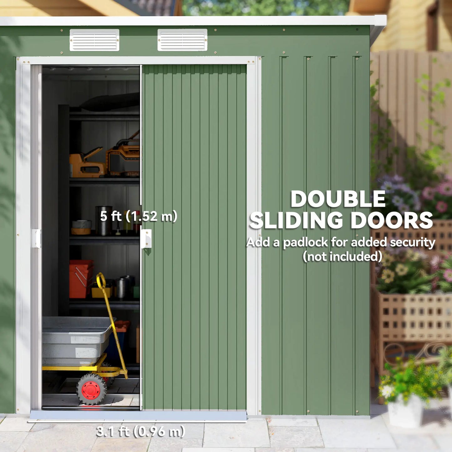7' x 4' Galvanised Steel Garden Shed, Foundation Kit, Green Sheds at Gallery Canada