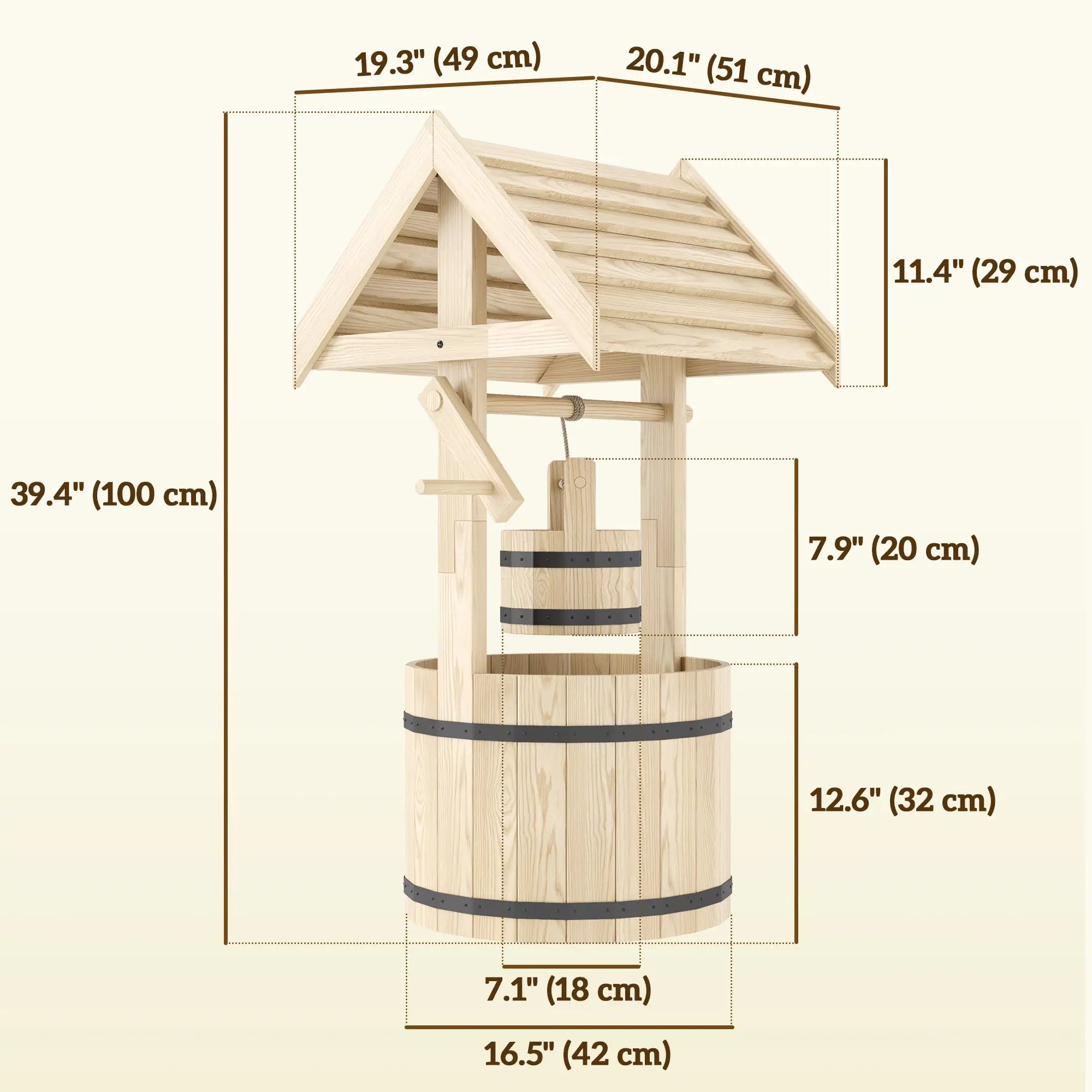 Wood Wishing Well Planter With Hanging Bucket, Natural Water Fountains at Gallery Canada
