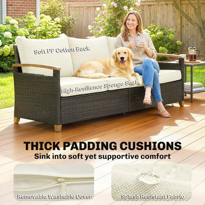 3 Seater Outdoor Sofa, PE Wicker Patio Furniture, 4" Cushions, Cream White Patio Furniture Sets at Gallery Canada