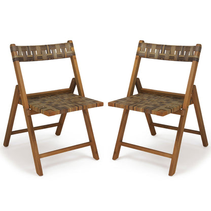 Teak Folding Chairs Set of 2 with Hand-Woven Rattan and Contoured Back Patio Dining Chairs Mix Brown at Gallery Canada