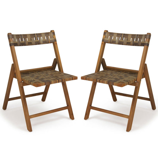 Teak Folding Chairs Set of 2 with Hand-Woven Rattan and Contoured Back Patio Dining Chairs Mix Brown at Gallery Canada