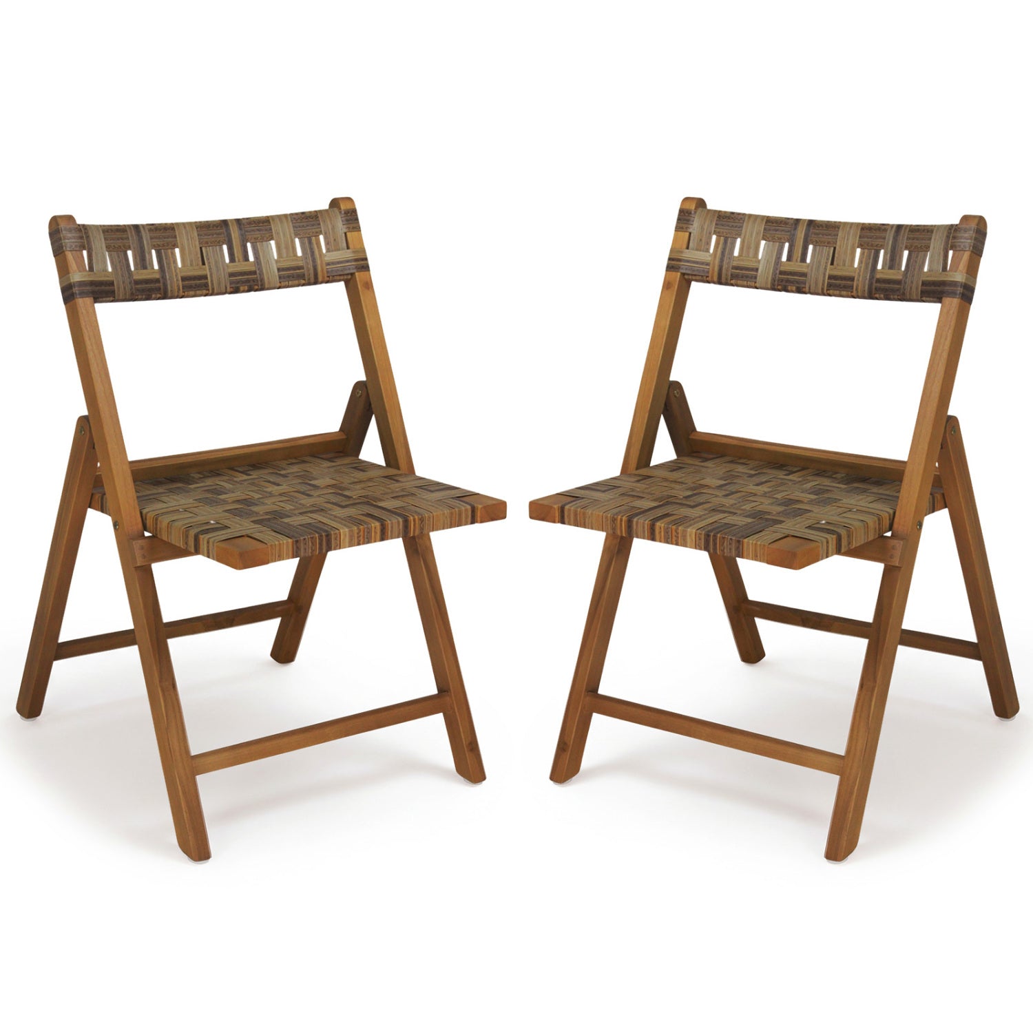Teak Folding Chairs Set of 2 with Hand-Woven Rattan and Contoured Back Patio Dining Chairs Mix Brown at Gallery Canada