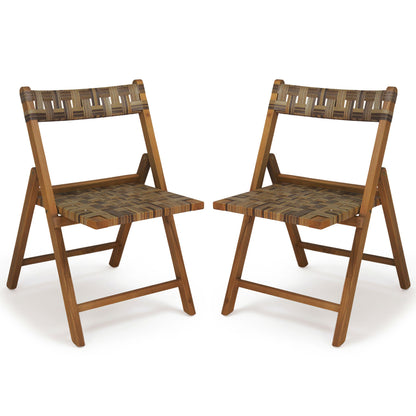 Teak Folding Chairs Set of 2 with Hand-Woven Rattan and Contoured Back Patio Dining Chairs Mix Brown at Gallery Canada