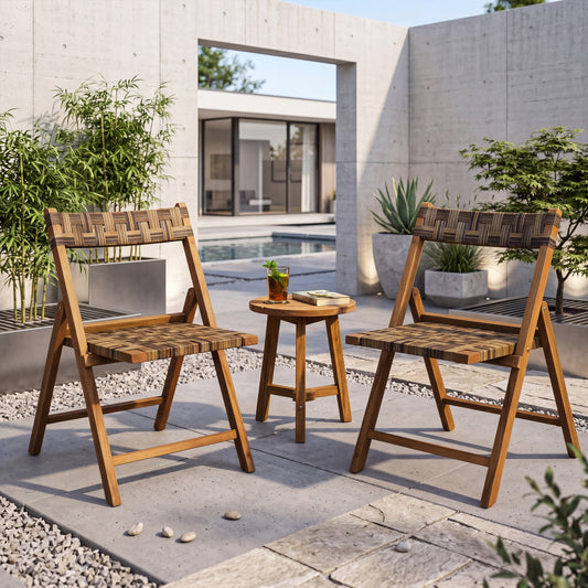 Teak Folding Chairs Set of 2 with Hand-Woven Rattan and Contoured Back Patio Dining Chairs Mix Brown at Gallery Canada
