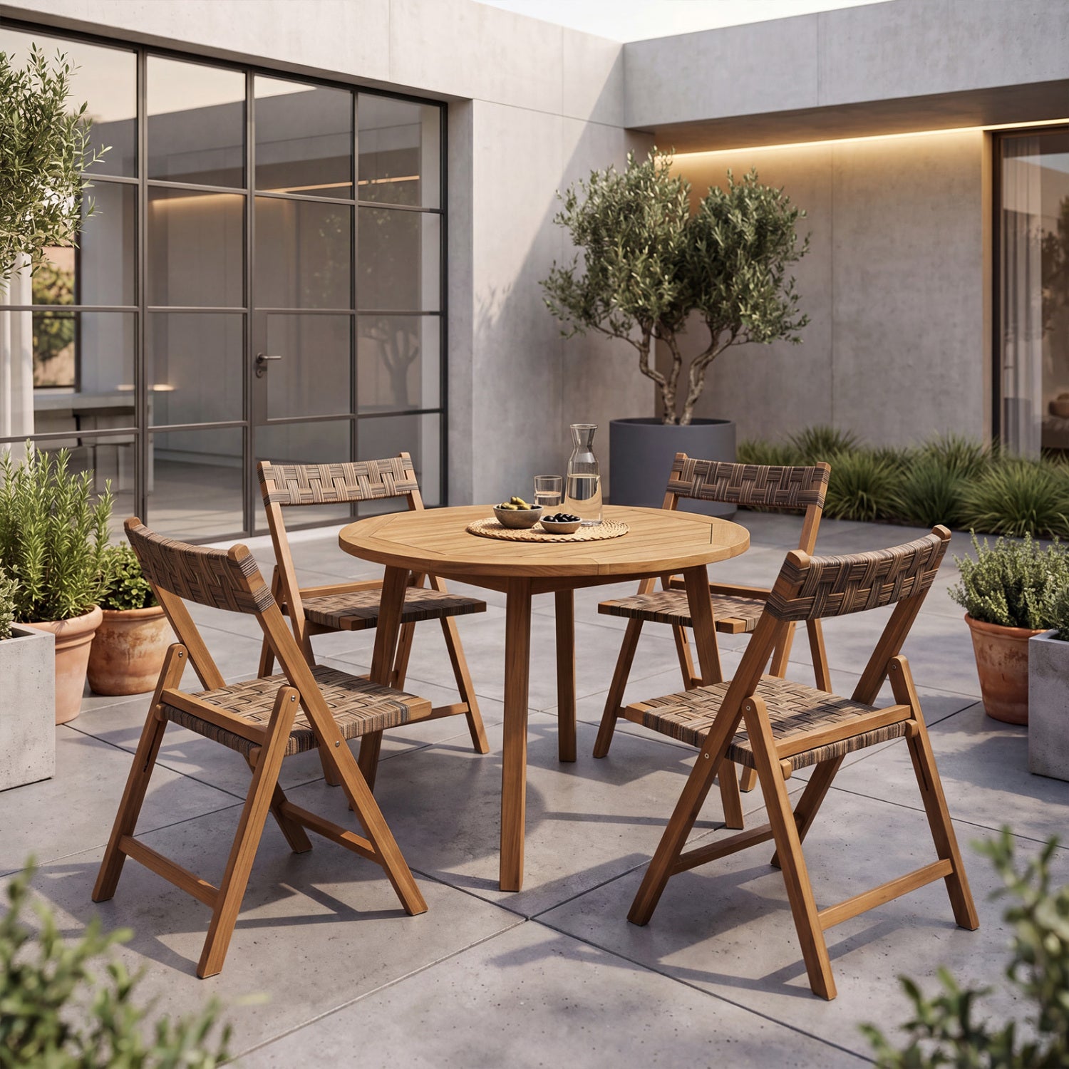 Teak Folding Chairs Set of 2 with Hand-Woven Rattan and Contoured Back Patio Dining Chairs at Gallery Canada