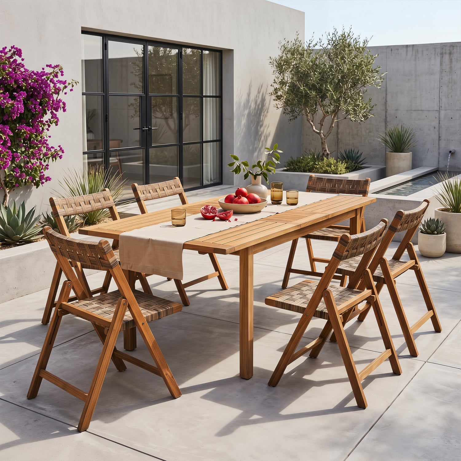 Teak Folding Chairs Set of 2 with Hand-Woven Rattan and Contoured Back Patio Dining Chairs at Gallery Canada