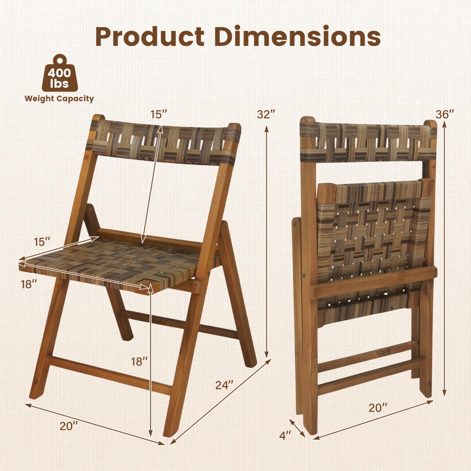 Teak Folding Chairs Set of 2 with Hand-Woven Rattan and Contoured Back Patio Dining Chairs at Gallery Canada