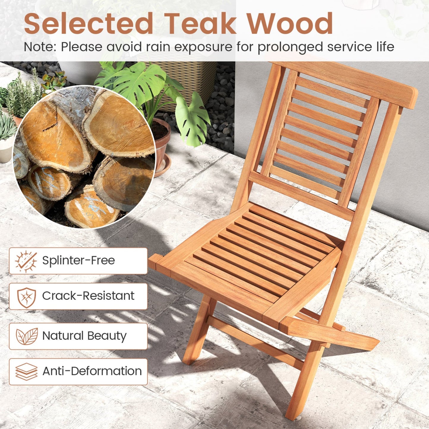 Teak Folding Patio Chairs Set of 2, High Backrest
