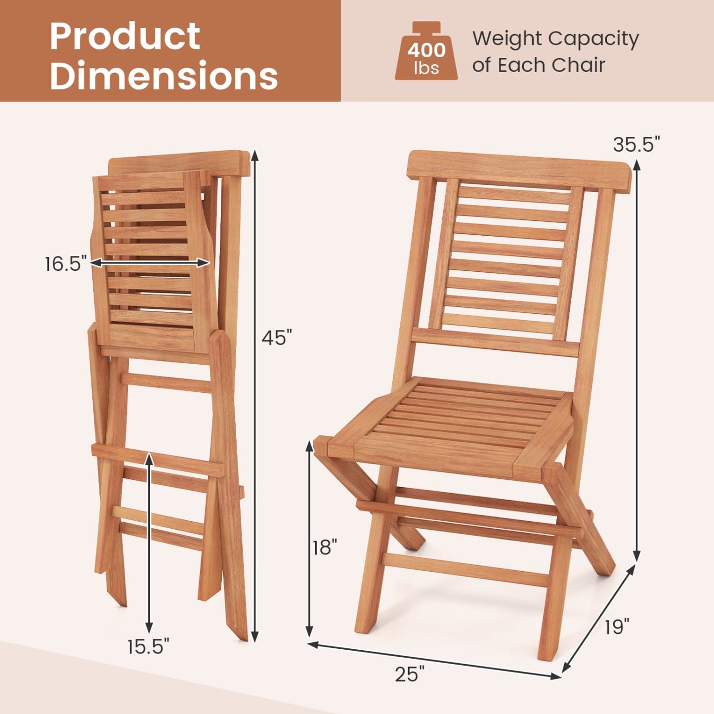 Teak Folding Patio Chairs Set of 2, High Backrest