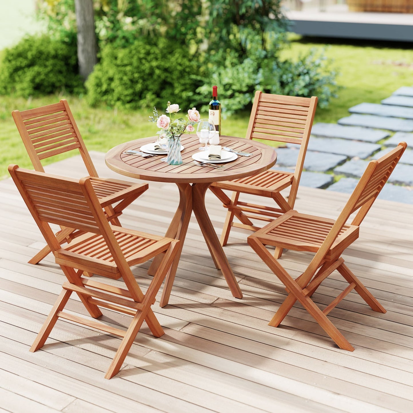 Chaises de patio pliantes en teck, ensemble de 2, siège à lattes