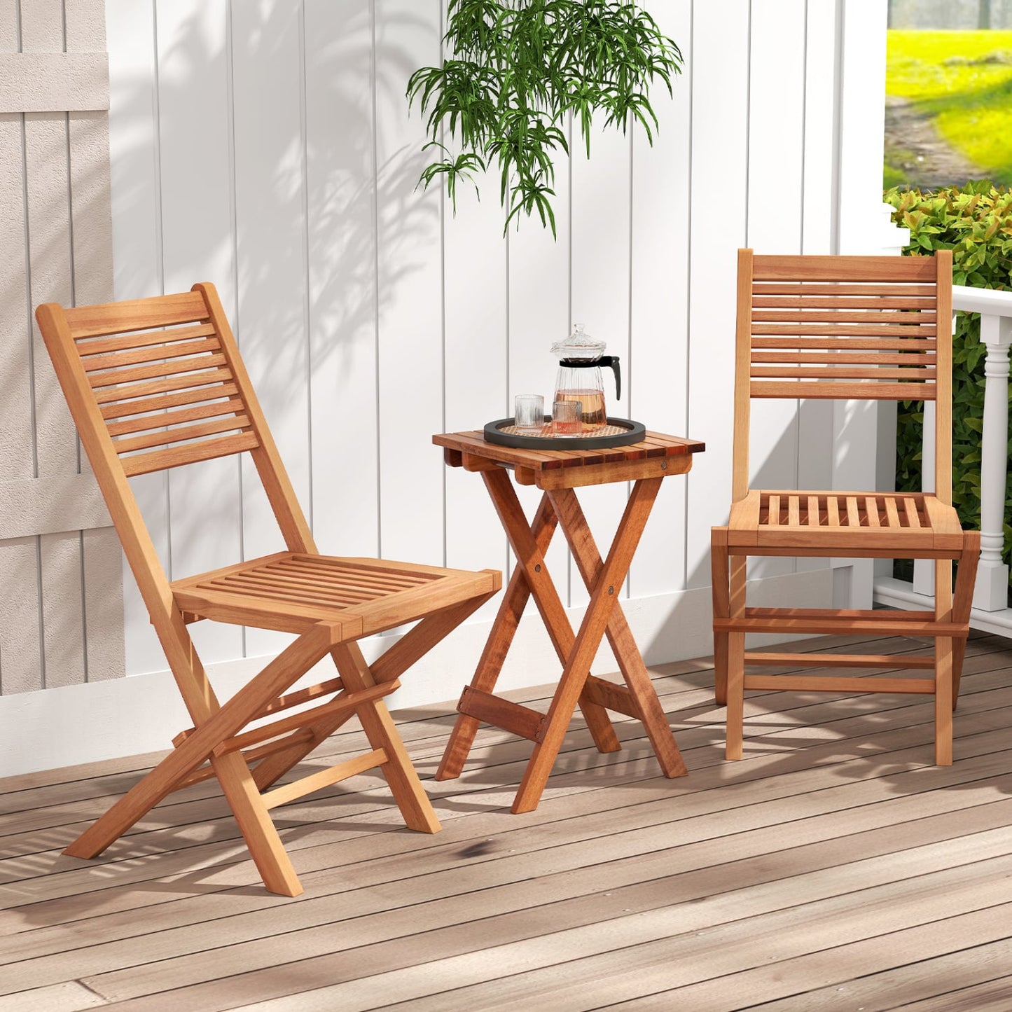 Chaises de patio pliantes en teck, ensemble de 2, siège à lattes