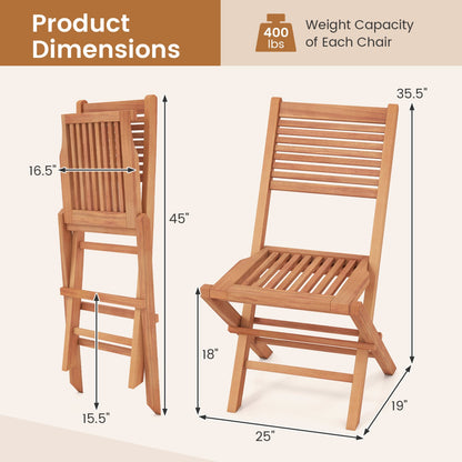Chaises de patio pliantes en teck, ensemble de 2, siège à lattes