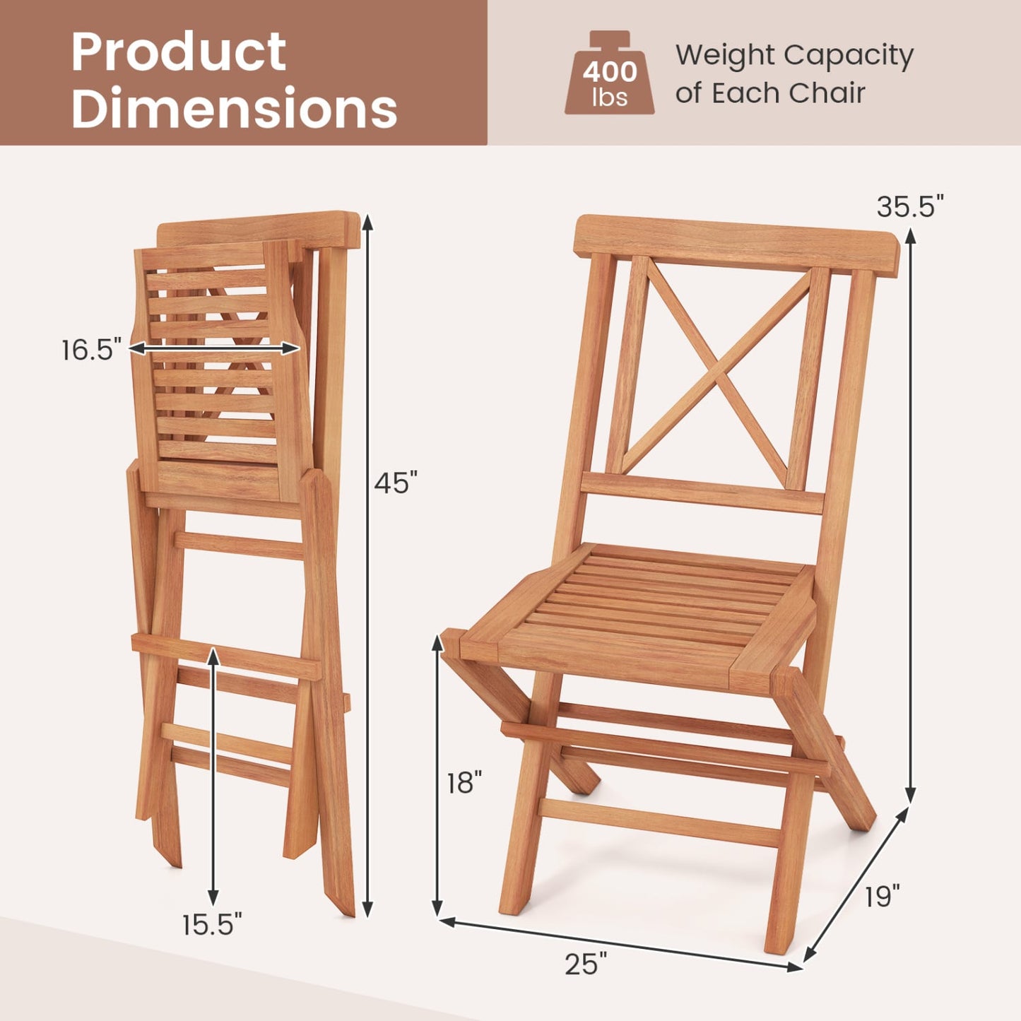 Chaises de patio pliantes (lot de 2), soutien dorsal de jardin, teck