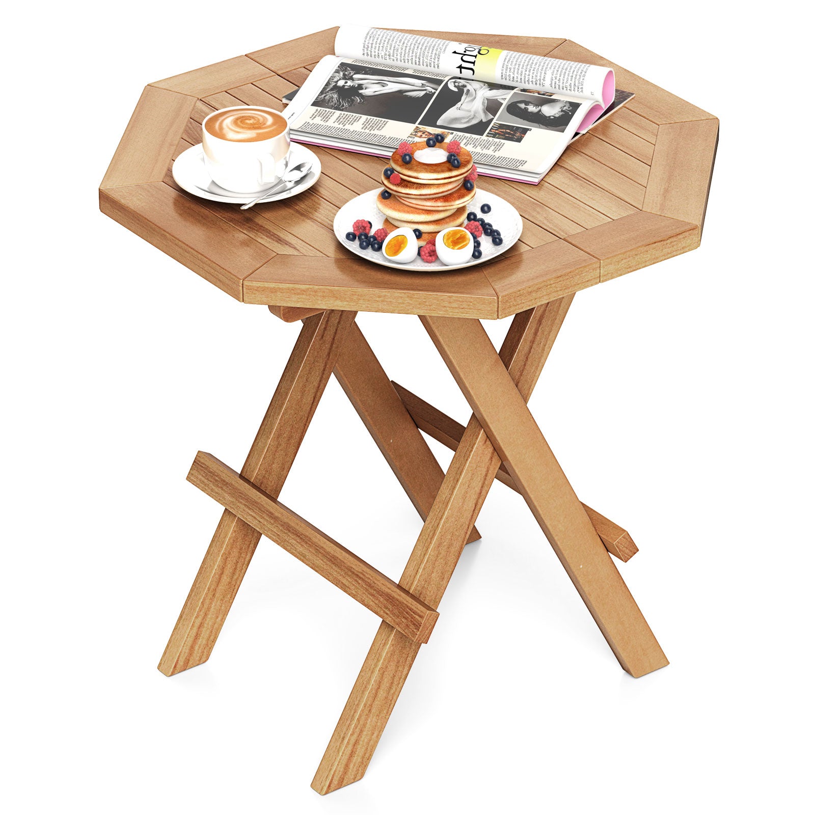 Teak Wood Octagon Coffee Table, X-Shaped Legs, Slatted Tabletop, Natural Patio Coffee Tables at Gallery Canada