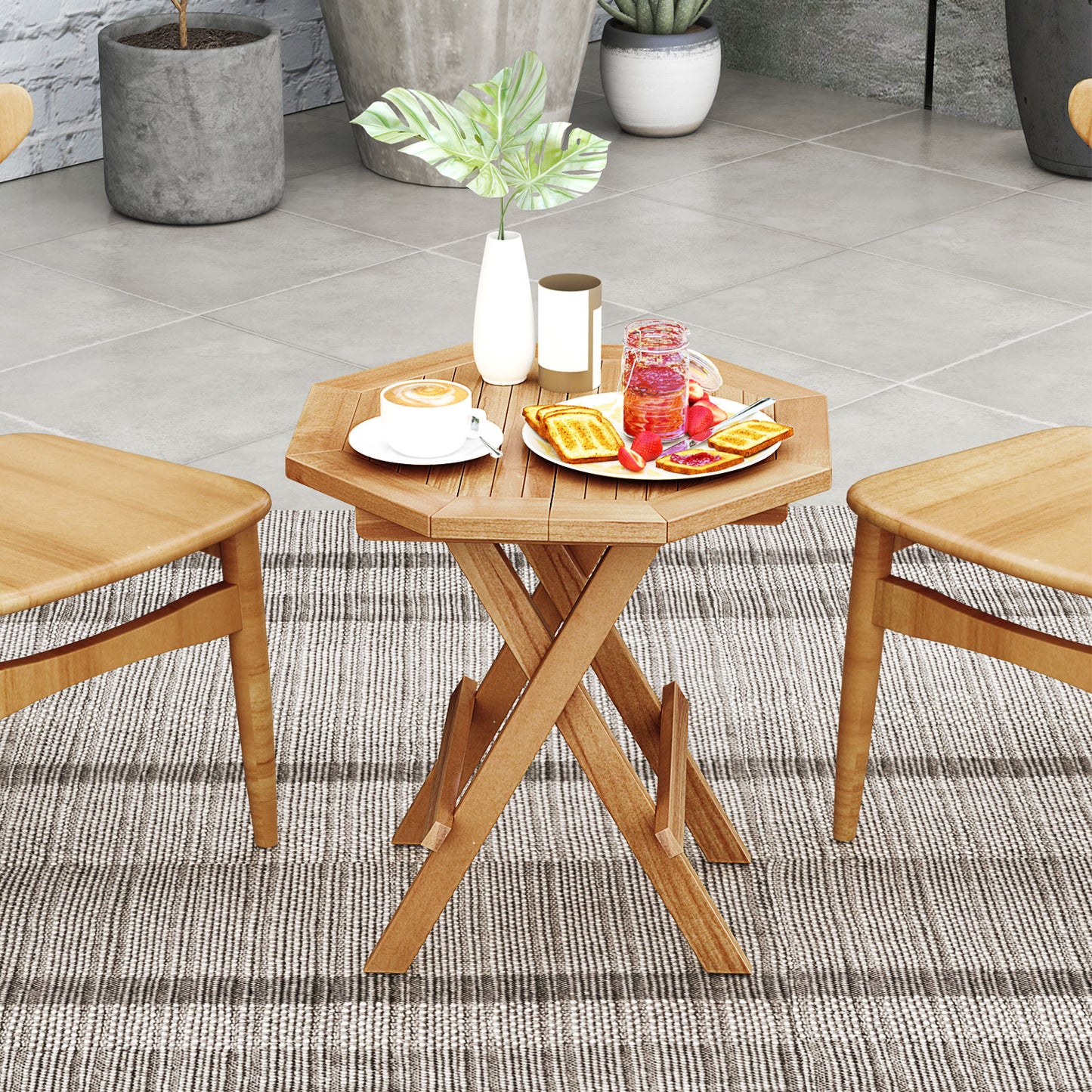 Teak Wood Octagon Coffee Table, X-Shaped Legs, Slatted Tabletop, Natural Patio Coffee Tables at Gallery Canada