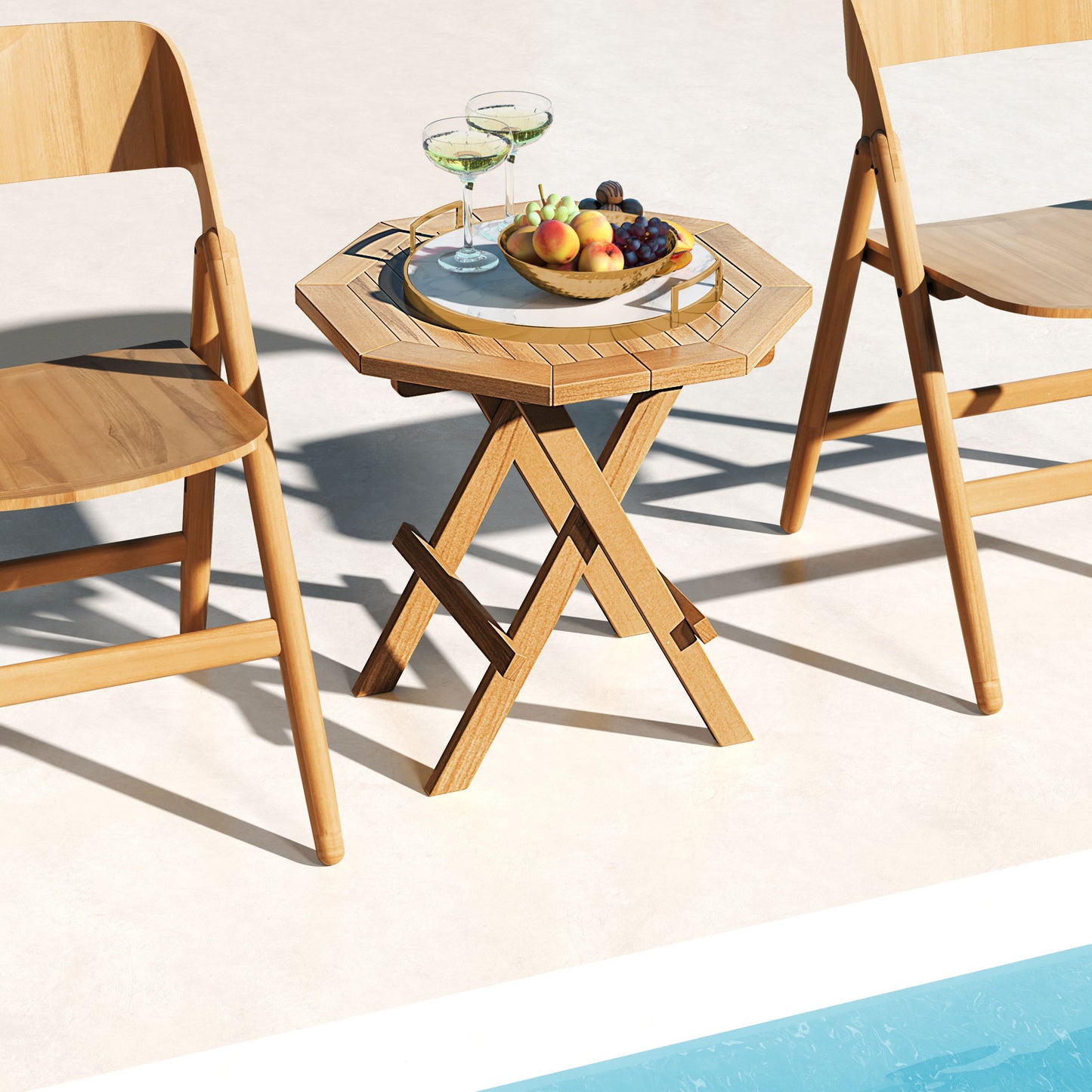 Teak Wood Octagon Coffee Table, X-Shaped Legs, Slatted Tabletop, Natural Patio Coffee Tables at Gallery Canada
