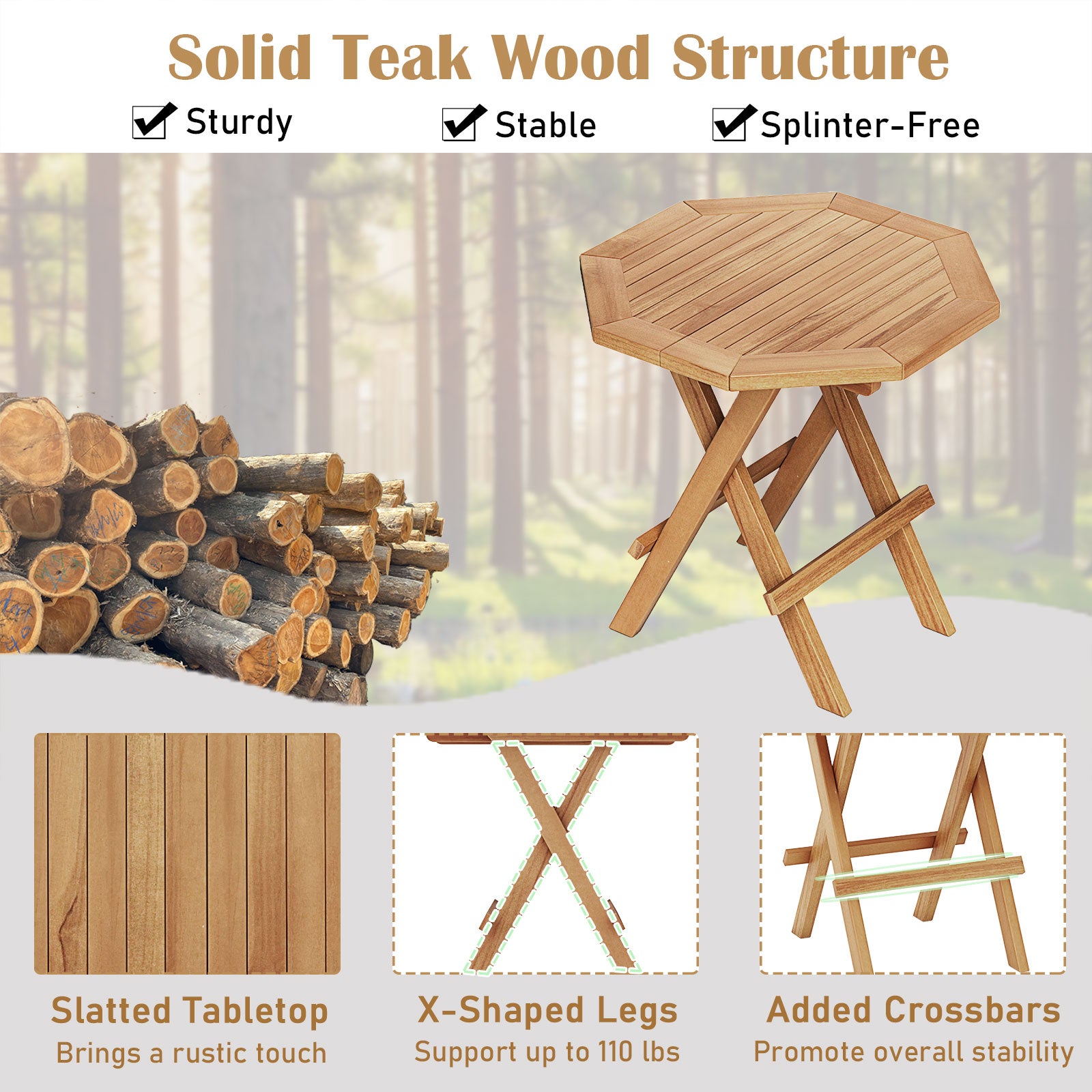Teak Wood Octagon Coffee Table, X-Shaped Legs, Slatted Tabletop, Natural Patio Coffee Tables at Gallery Canada