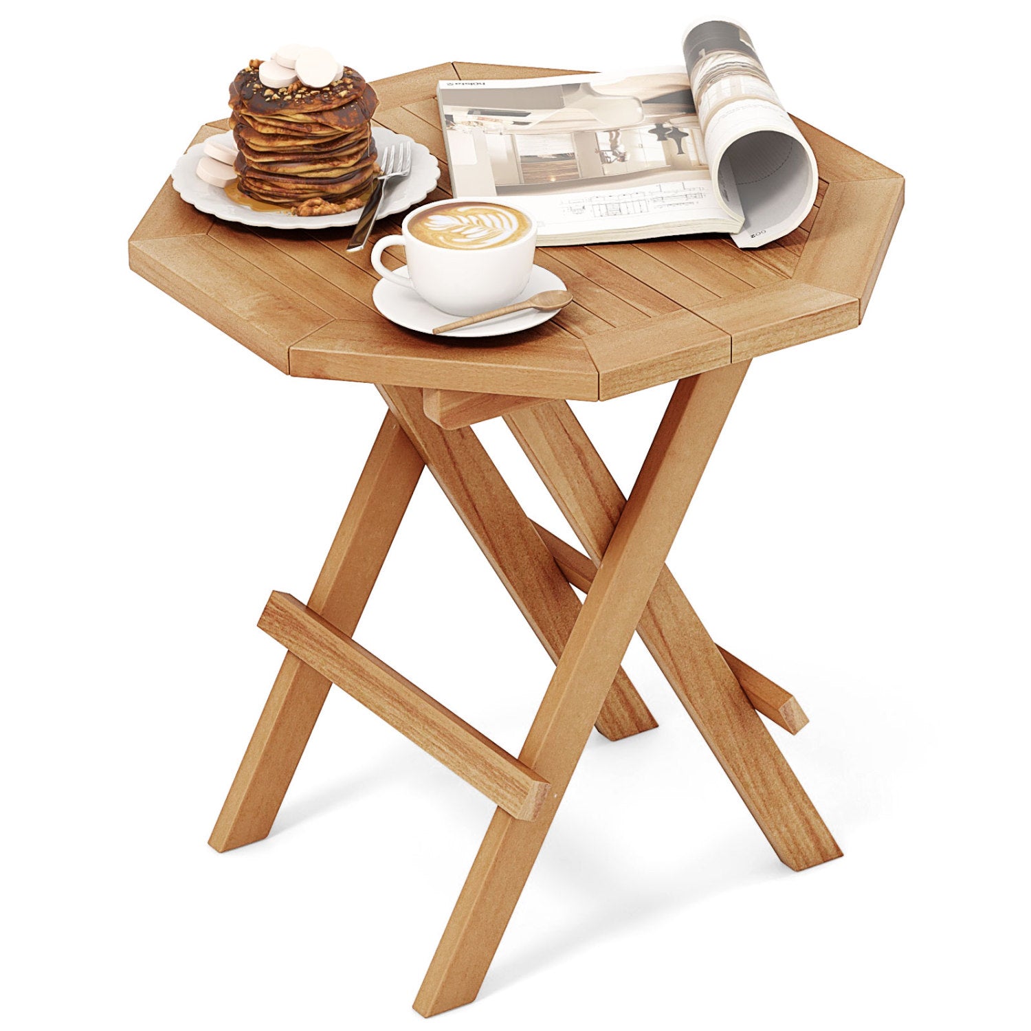 Teak Wood Octagon Coffee Table, X-Shaped Legs, Slatted Tabletop, Natural Patio Coffee Tables at Gallery Canada