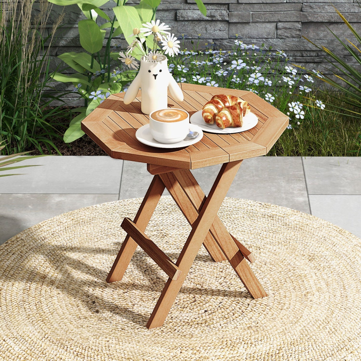 Teak Wood Octagon Coffee Table, X-Shaped Legs, Slatted Tabletop, Natural Patio Coffee Tables at Gallery Canada