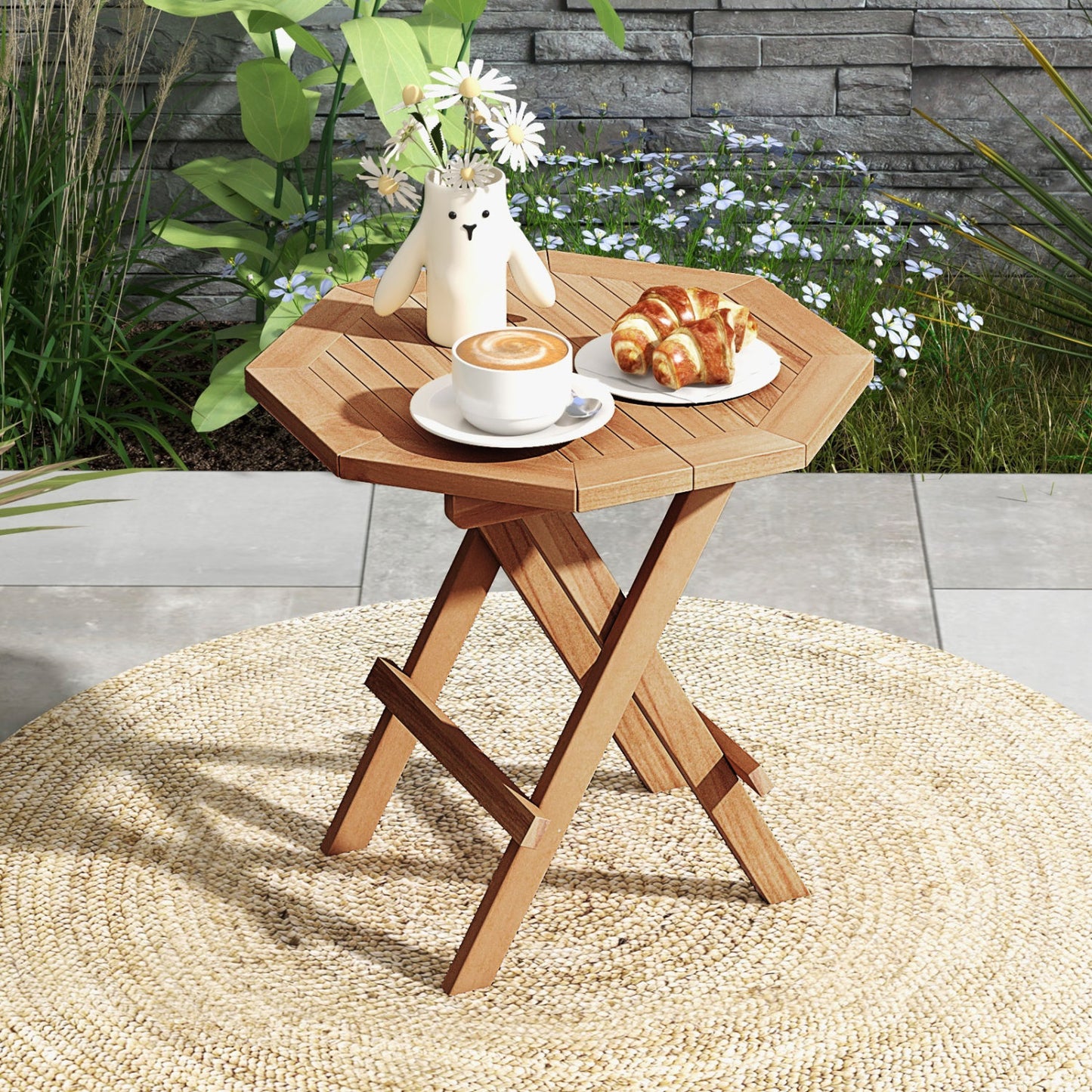 Teak Wood Octagon Coffee Table, X-Shaped Legs, Slatted Tabletop, Natural Patio Coffee Tables at Gallery Canada