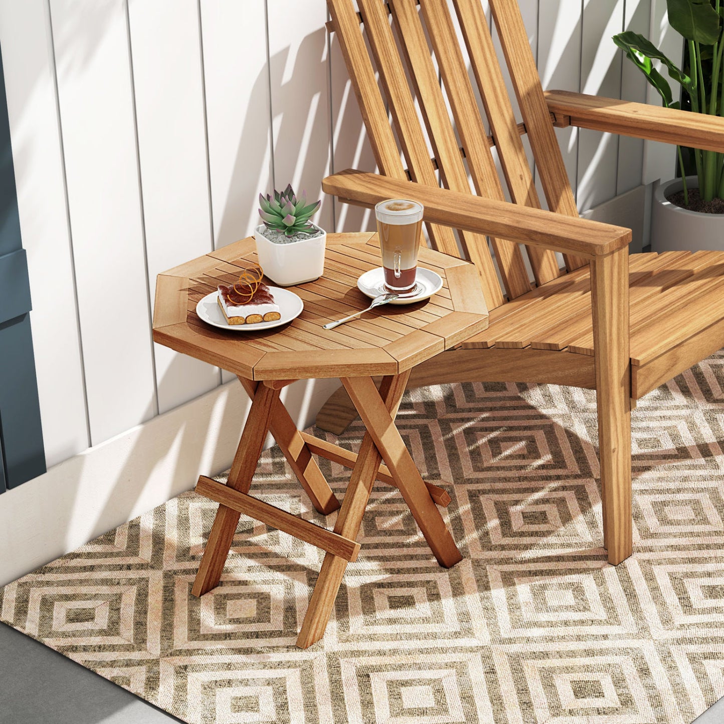 Teak Wood Octagon Coffee Table, X-Shaped Legs, Slatted Tabletop, Natural Patio Coffee Tables at Gallery Canada