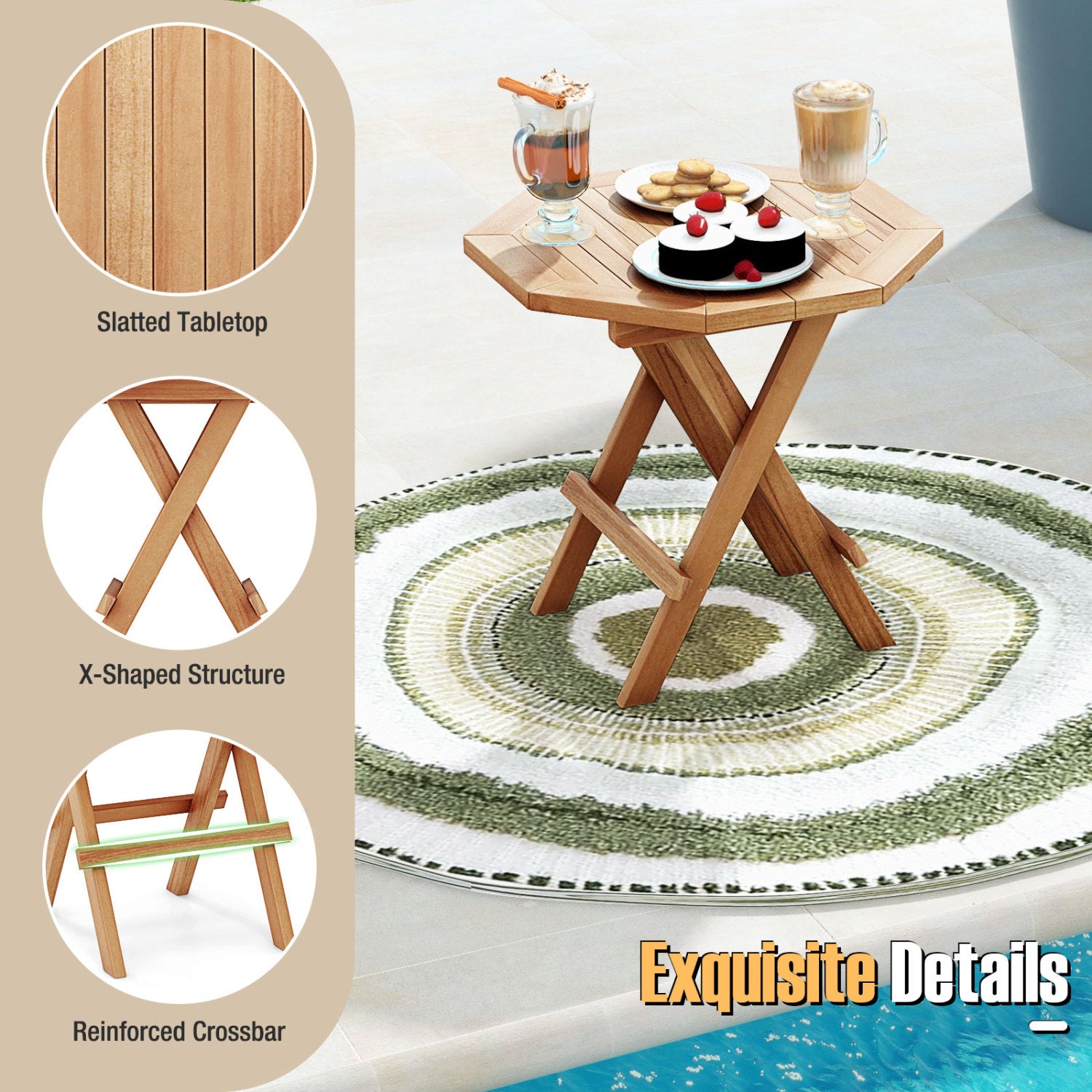 Teak Wood Octagon Coffee Table, X-Shaped Legs, Slatted Tabletop, Natural Patio Coffee Tables at Gallery Canada