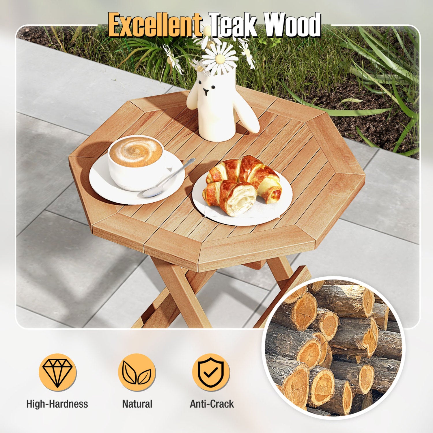 Teak Wood Octagon Coffee Table, X-Shaped Legs, Slatted Tabletop, Natural Patio Coffee Tables at Gallery Canada