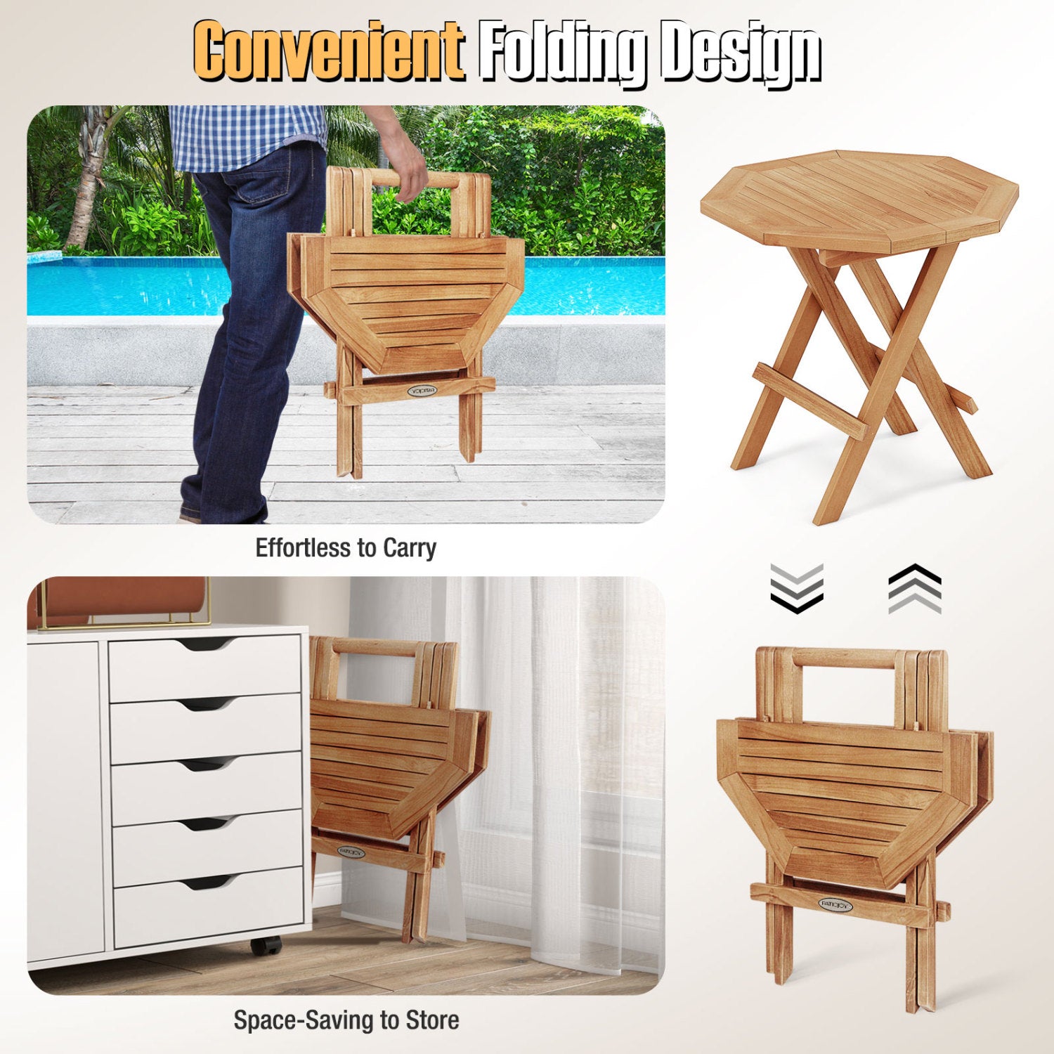 Teak Wood Octagon Coffee Table, X-Shaped Legs, Slatted Tabletop, Natural Patio Coffee Tables at Gallery Canada