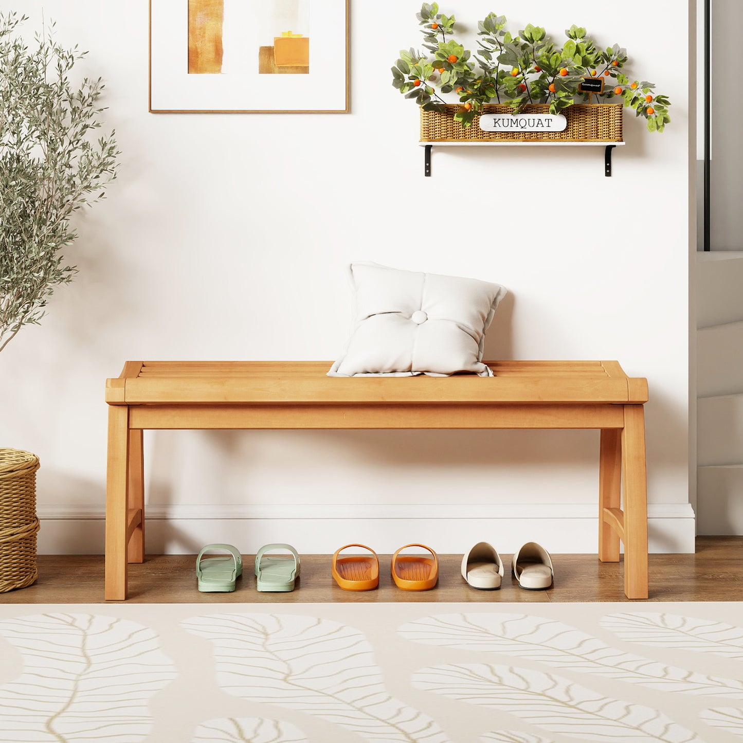 Teak Wood Outdoor Backless Bench with Contoured Slatted Seat