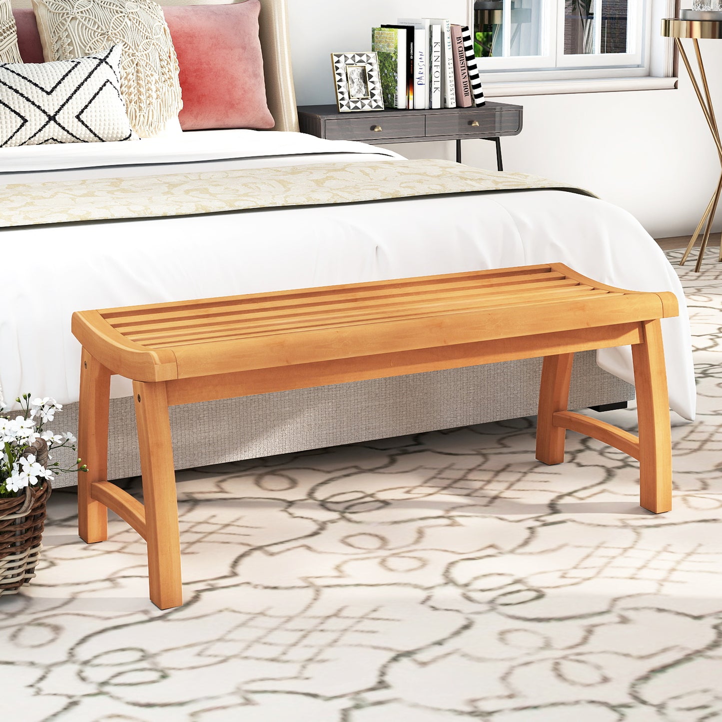 Teak Wood Outdoor Backless Bench with Contoured Slatted Seat