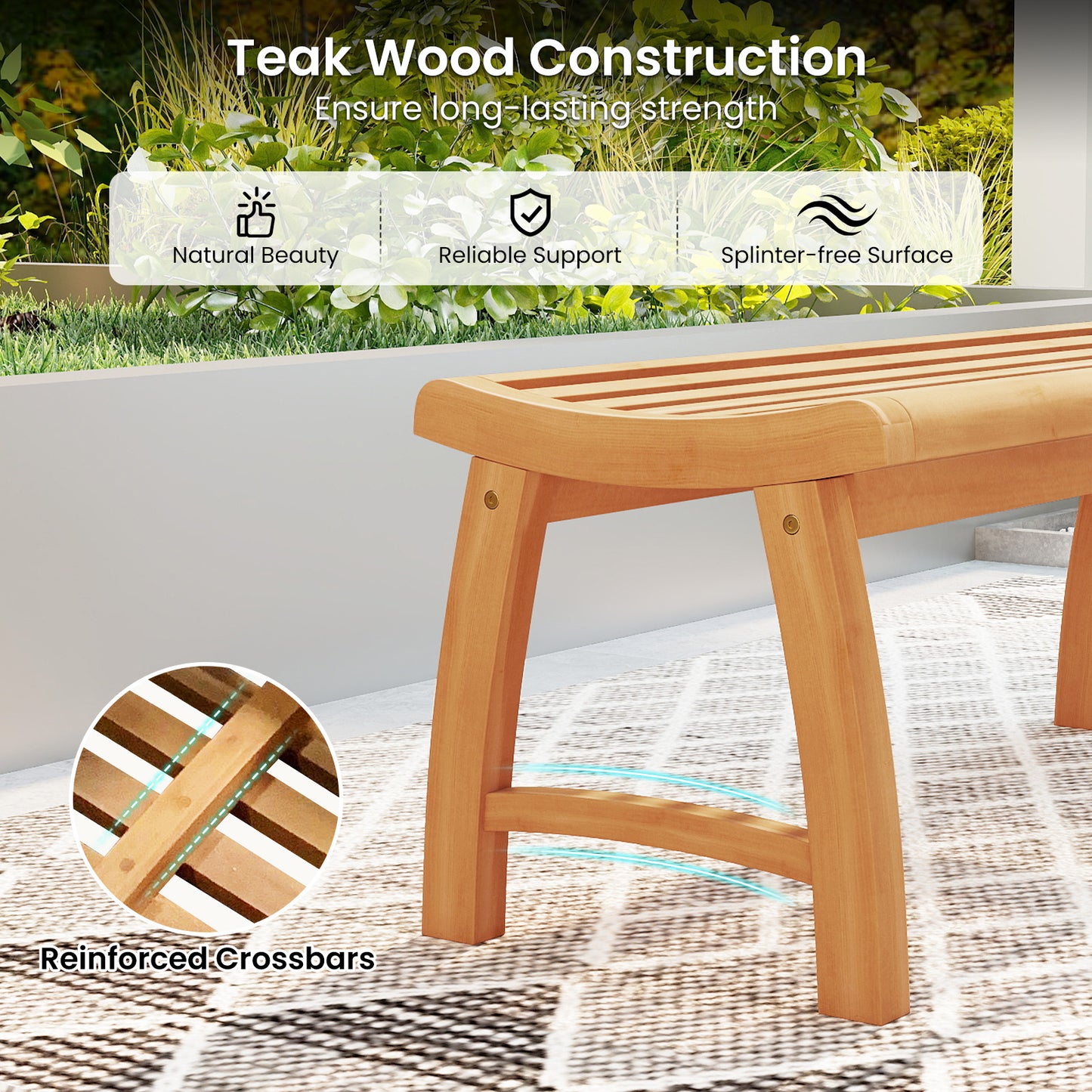 Teak Wood Outdoor Backless Bench with Contoured Slatted Seat