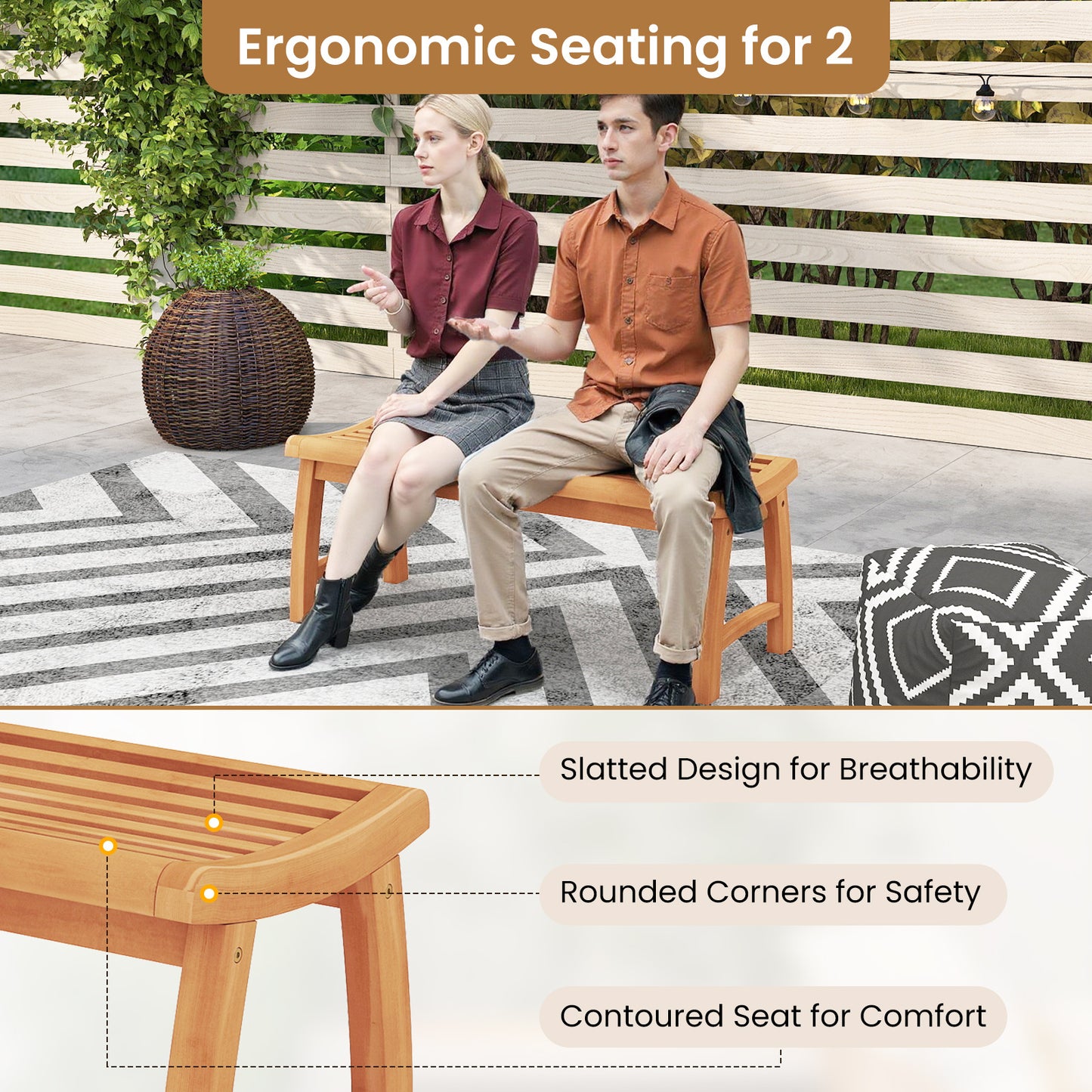 Teak Wood Outdoor Backless Bench with Contoured Slatted Seat