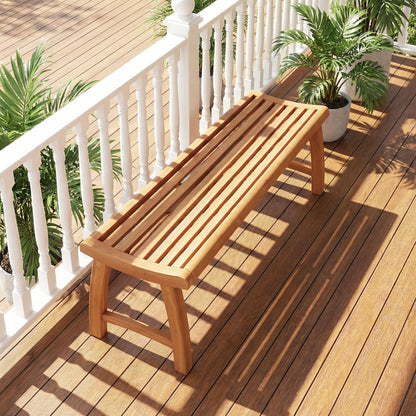 Teak Wood Outdoor Backless Bench with Contoured Slatted Seat Outdoor Benches at Gallery Canada