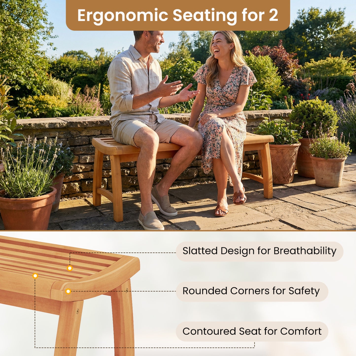 Teak Wood Outdoor Backless Bench with Contoured Slatted Seat Outdoor Benches at Gallery Canada