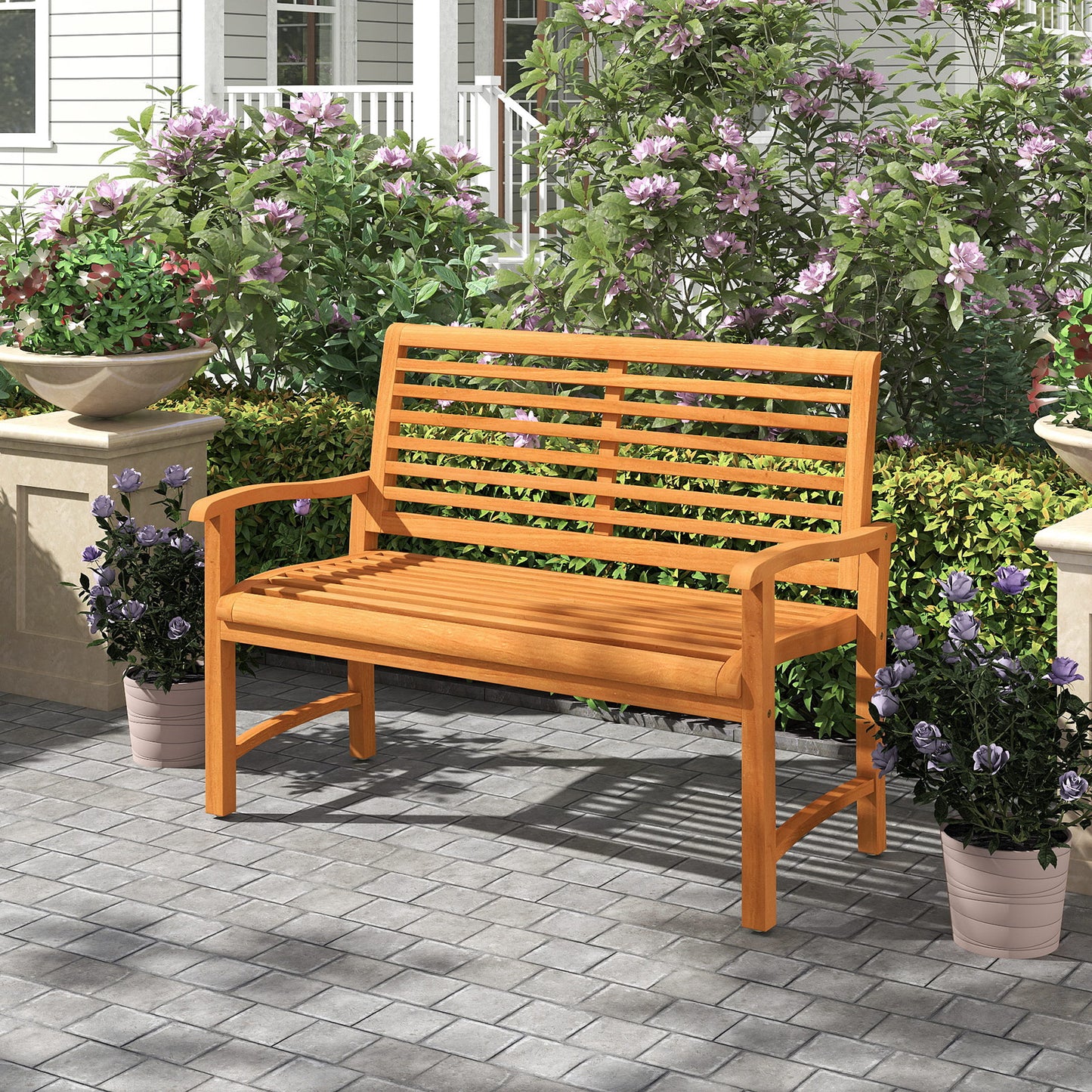 Teak Wood Outdoor Garden Bench with Slatted Backrest and Seat