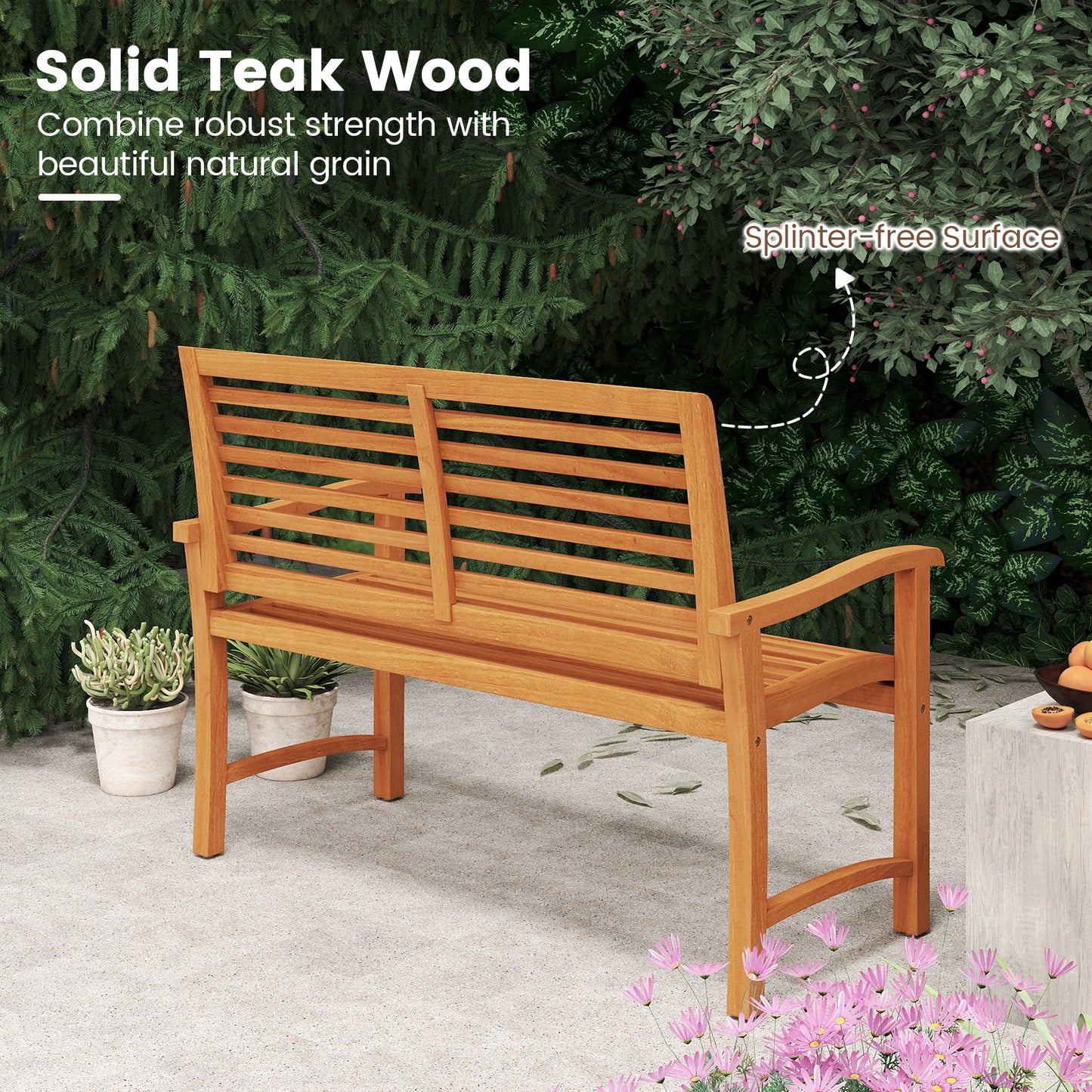 Teak Wood Outdoor Garden Bench with Slatted Backrest and Seat