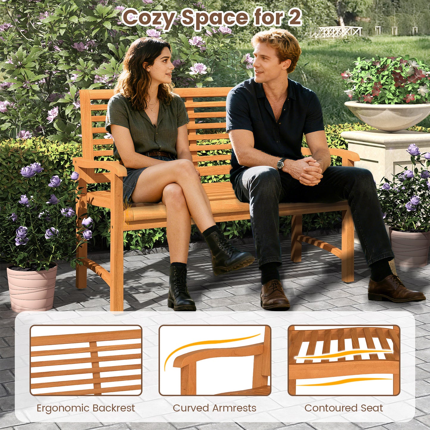 Teak Wood Outdoor Garden Bench with Slatted Backrest and Seat
