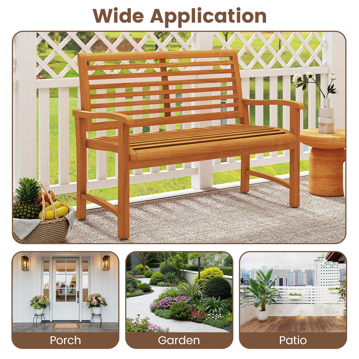 Teak Wood Outdoor Garden Bench with Slatted Backrest and Seat