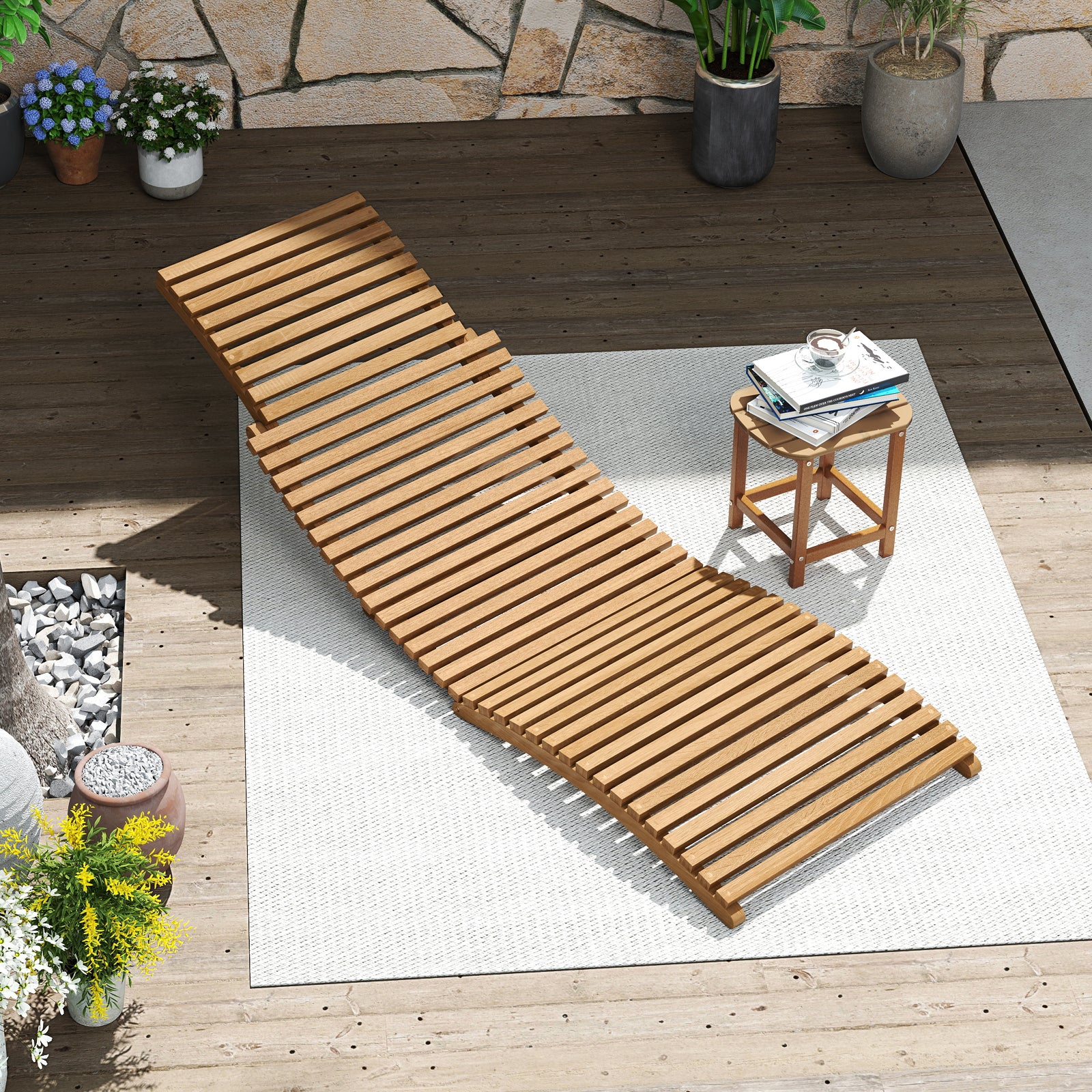 Teak Wood Patio Folding Chaise Lounge Chair with Slatted Seat-2 Outdoor Chaise Lounges at Gallery Canada