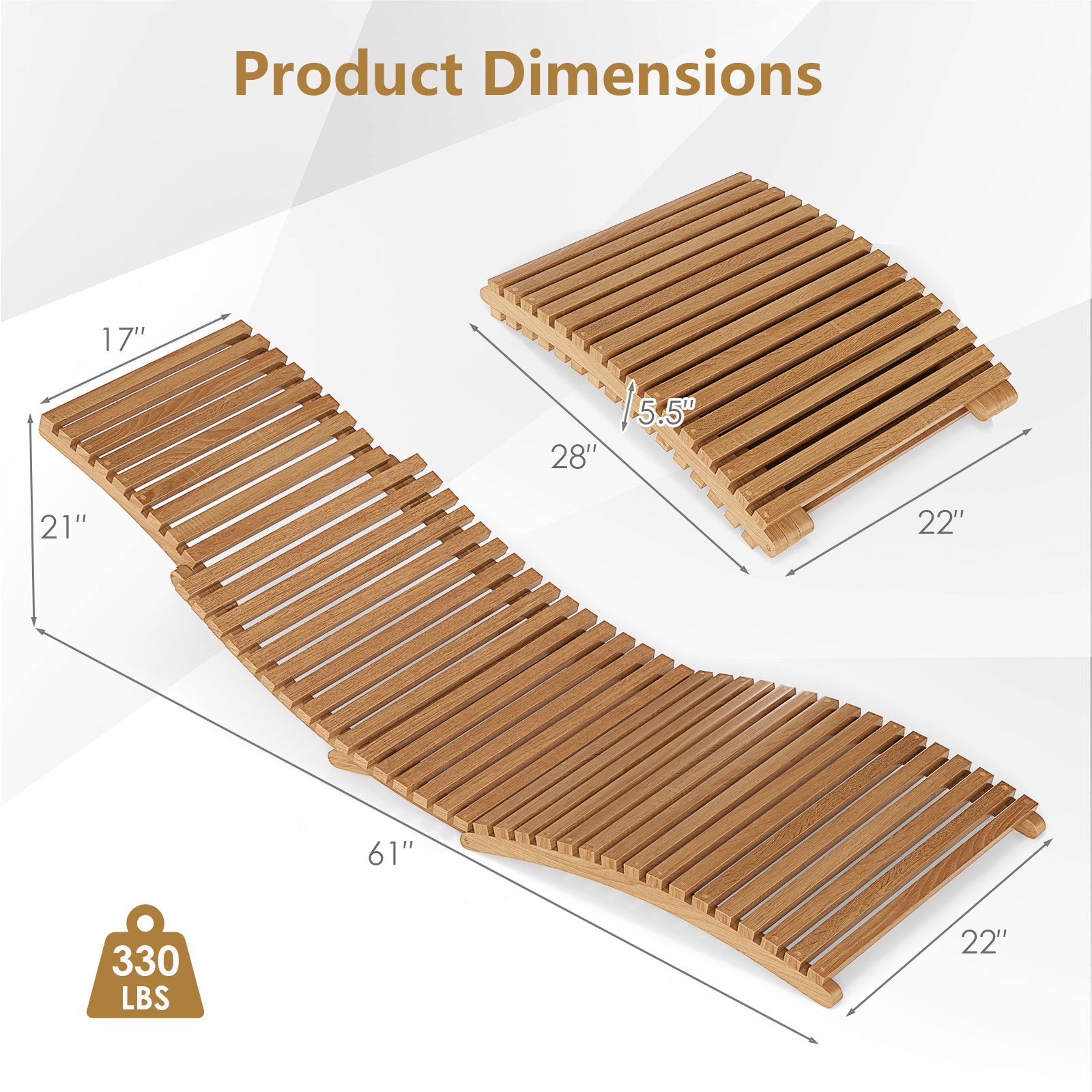 Teak Wood Patio Folding Chaise Lounge Chair with Slatted Seat-2 Outdoor Chaise Lounges at Gallery Canada
