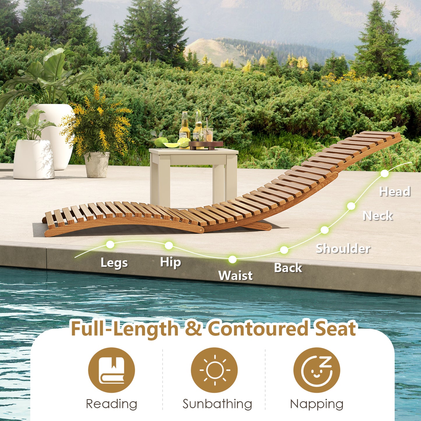 Teak Wood Patio Folding Chaise Lounge Chair with Slatted Seat-2 Outdoor Chaise Lounges at Gallery Canada