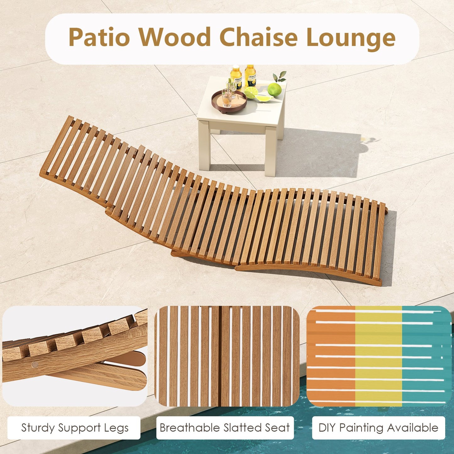 Teak Wood Patio Folding Chaise Lounge Chair with Slatted Seat-1 Outdoor Chaise Lounges at Gallery Canada