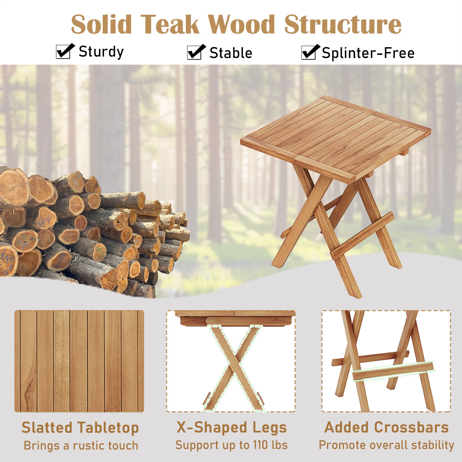 Teak Wood Square Coffee Table, X-Shaped Legs, Slatted Tabletop, Natural Patio Coffee Tables at Gallery Canada