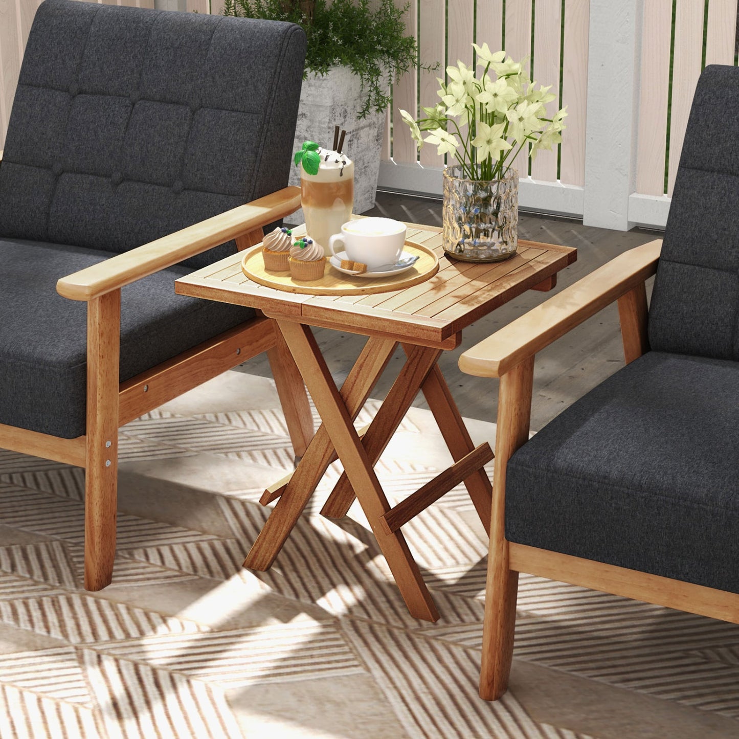 Teak Wood Square Coffee Table, X-Shaped Legs, Slatted Tabletop, Natural Patio Coffee Tables at Gallery Canada